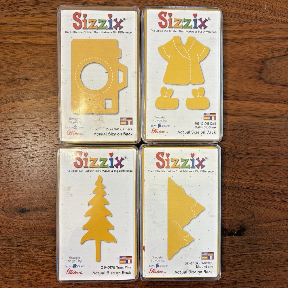 Sizzix Originals Yellow Dies Lot of 4 Doll Bath Clothes Camera tree mountains